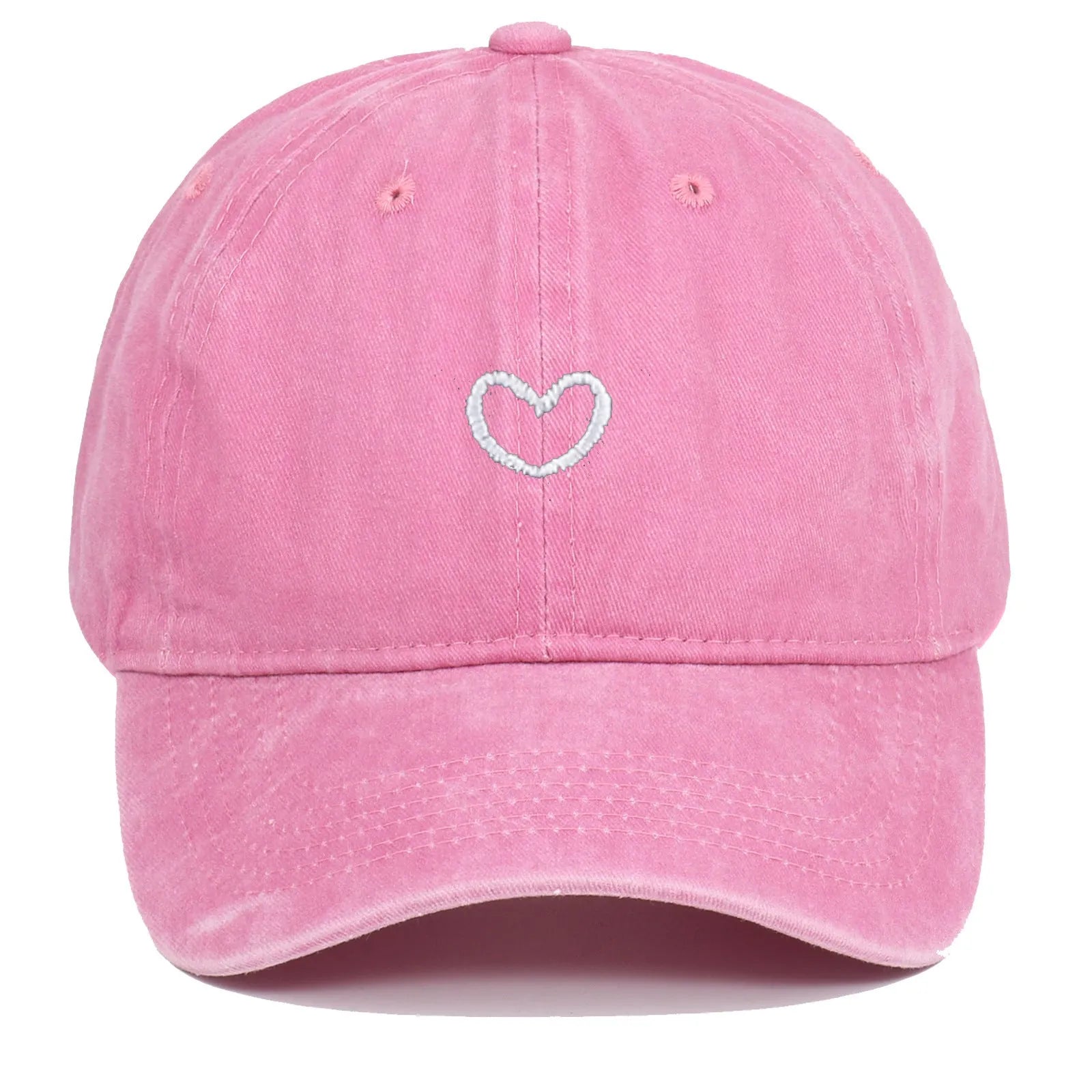 Adjustable cotton baseball cap featuring a distressed embroidered love heart on the front, shown in a selection of colours.