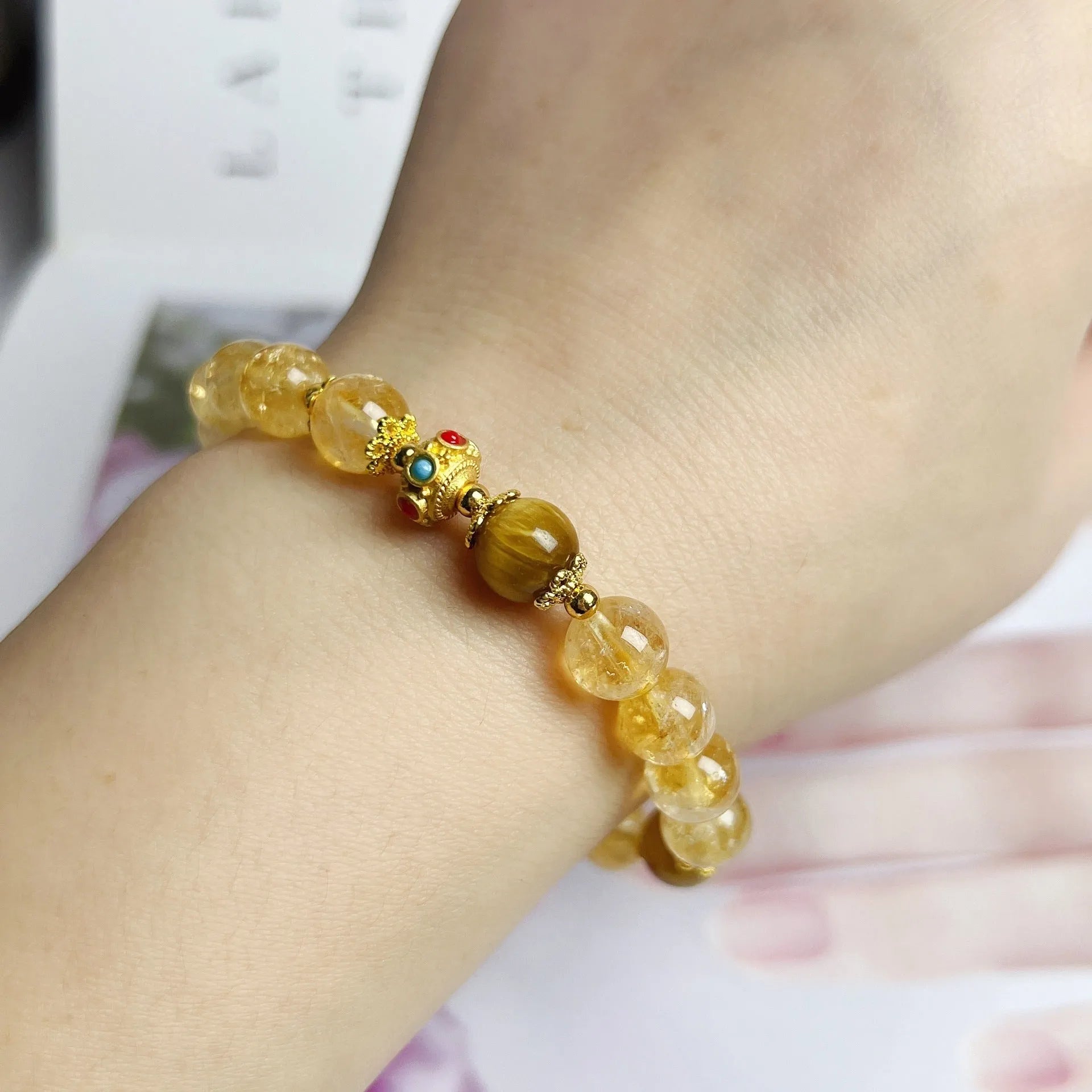 Yellow citrine crystal bracelet with flower tassel decoration for women
