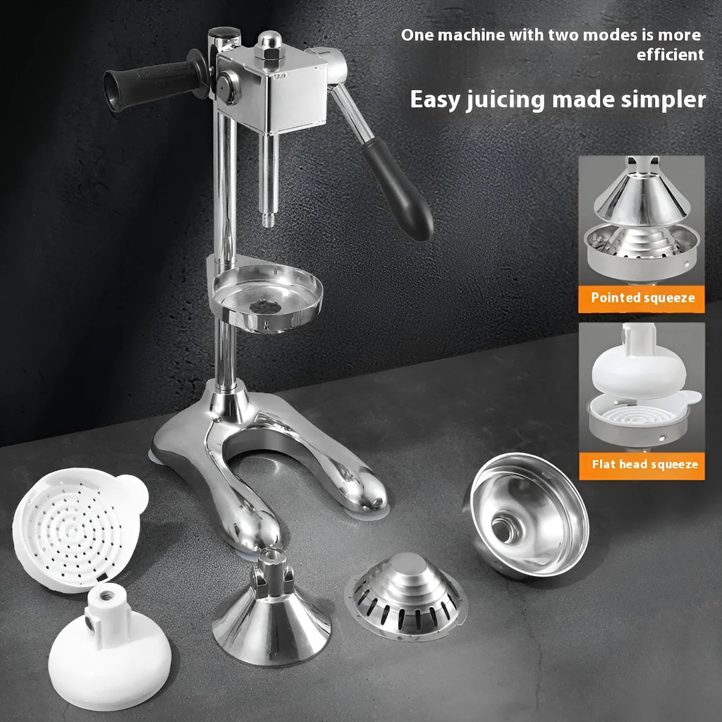 Vertical stainless steel manual juicer in five colour options with three tip style choices