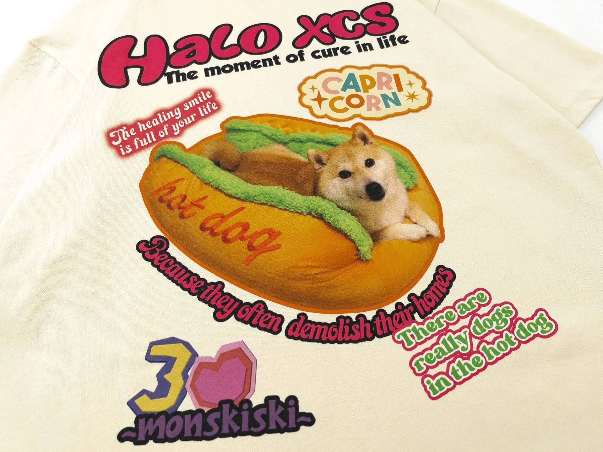 Cartoon hamburger dog printed loose fit cotton T-shirt in white, apricot, or sky blue.