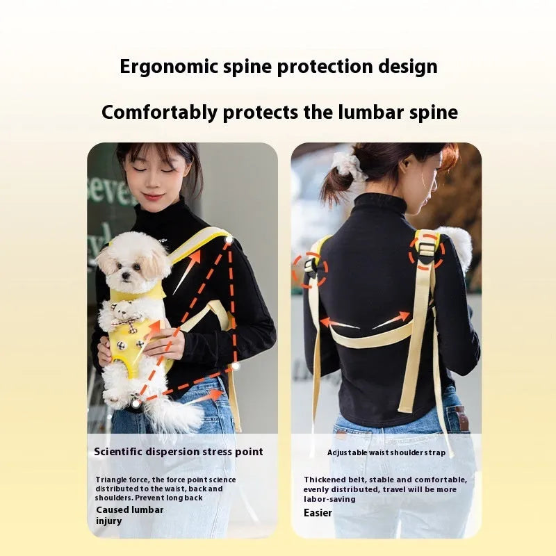 Cartoon animal pattern pet carrier bag in canvas with pearl cotton lining, showing Beka yellow bear design