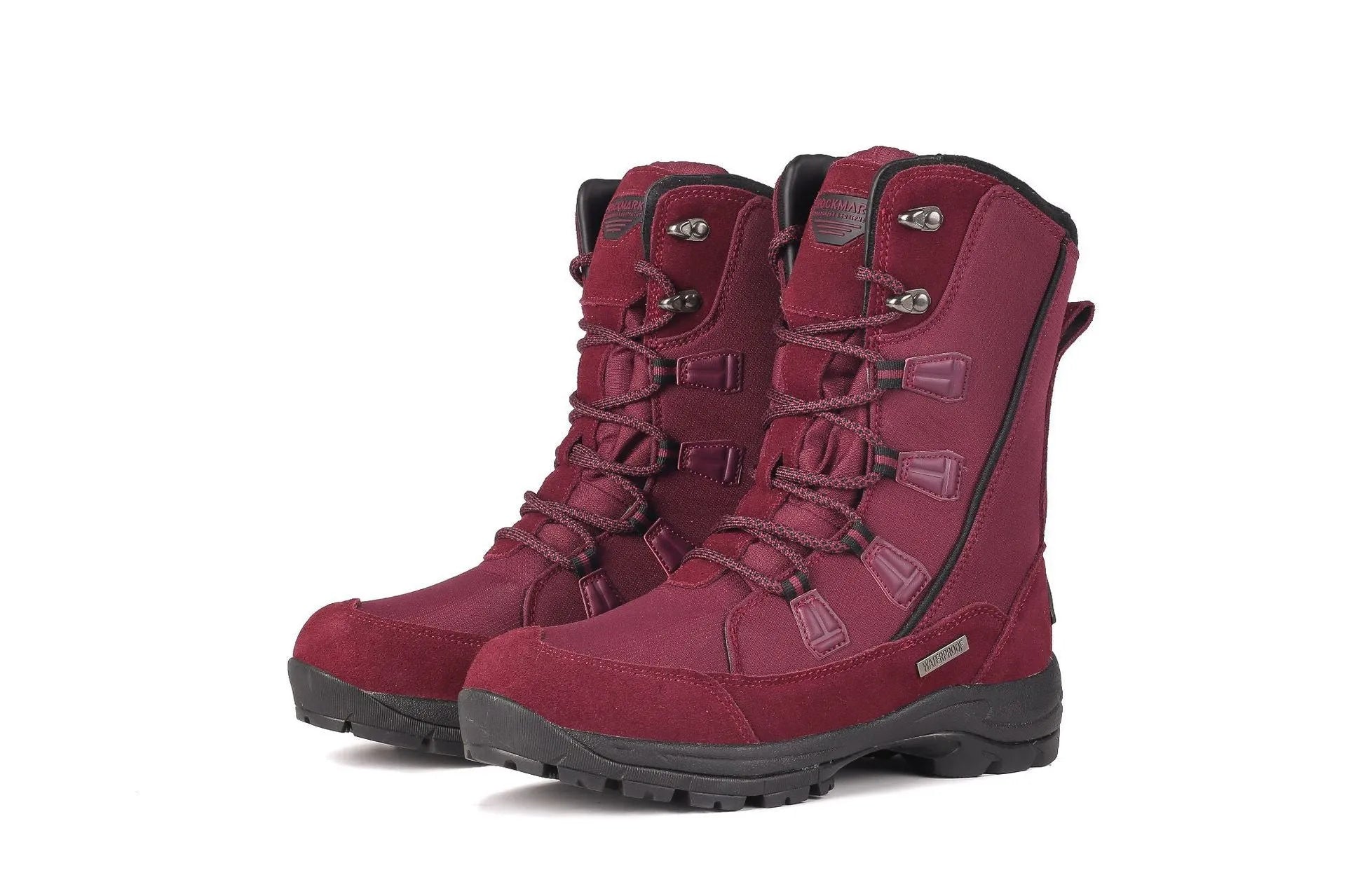 Women's black genuine leather mid-calf snow boots with a round toe and rubber sole.
