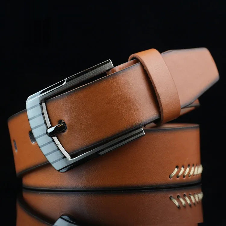 Men's imitation leather casual belt with alloy pin buckle in black, shown at 110cm length