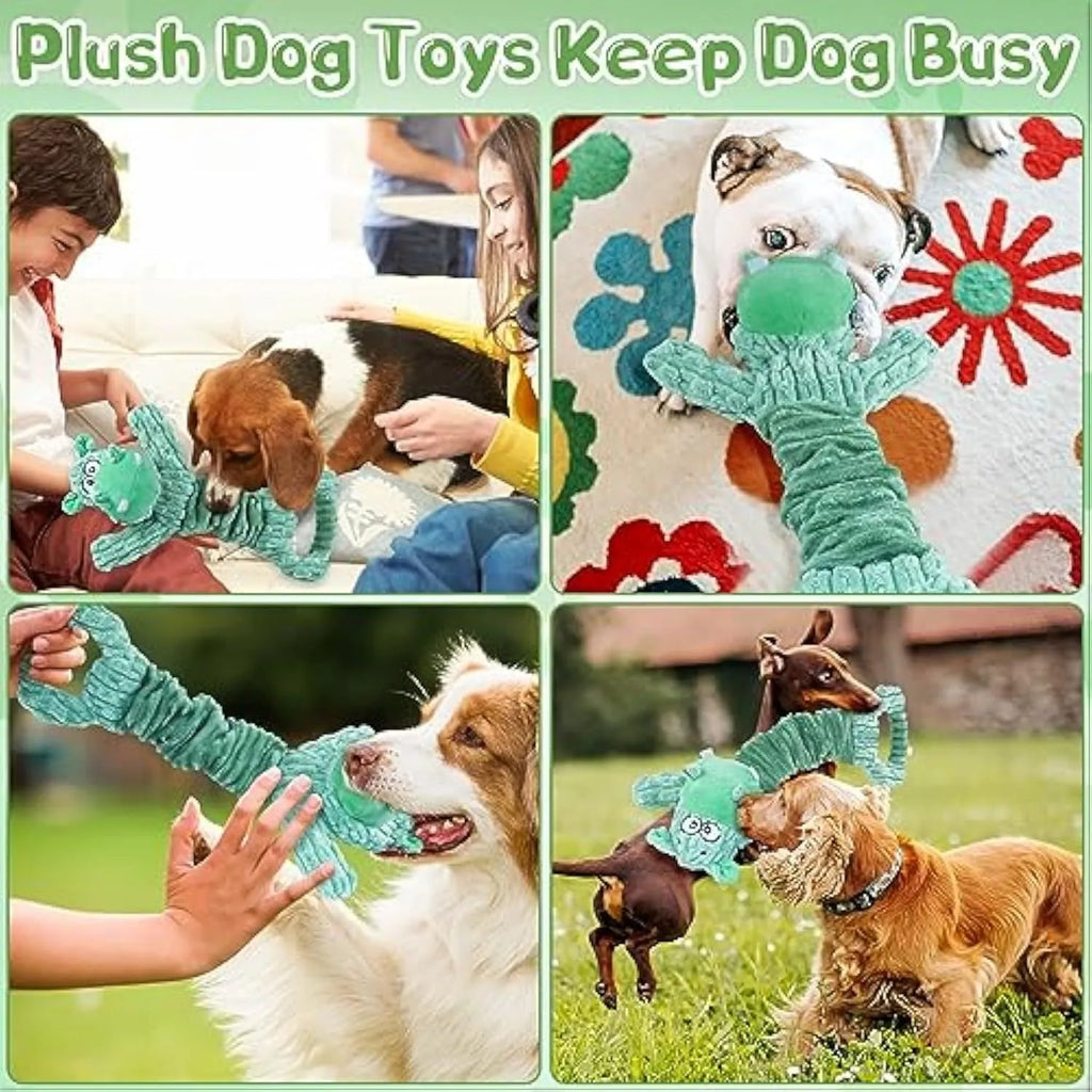 Large plush squeaky dog toy with a handle, shown in a Hippo design, for tug of war and indoor play.