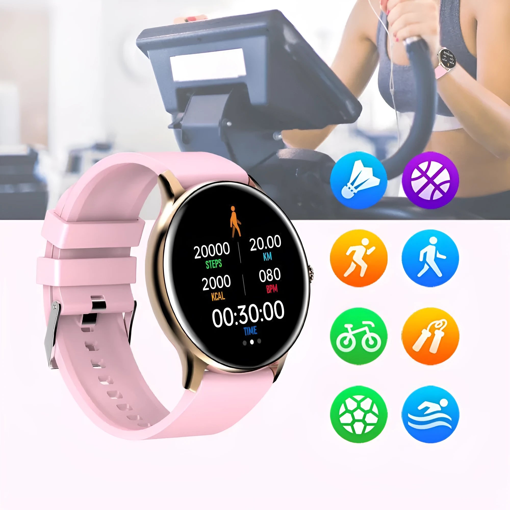 Black smart sports watch with round touch screen displaying health stats on a silicone strap.