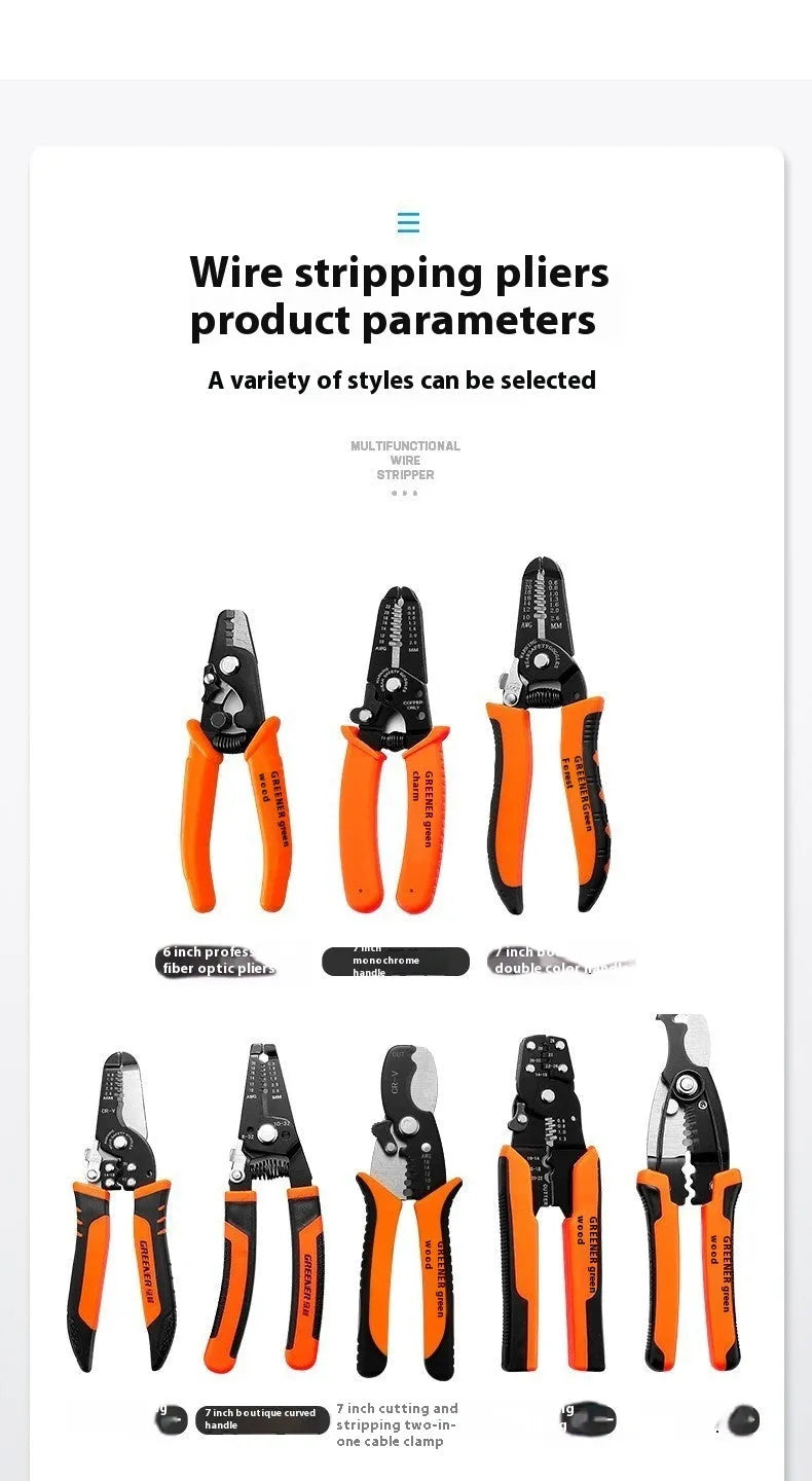 Fully automatic wire stripping pliers tool with high carbon steel blades on a white background.