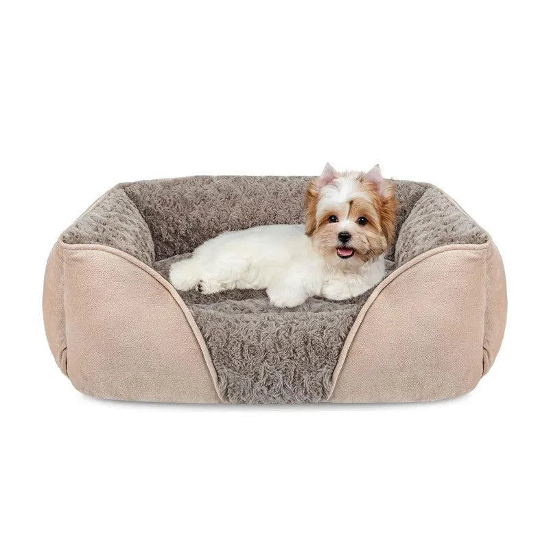 Beige stuffed kennel dog bed for a large Golden Retriever, showing soft nest design.