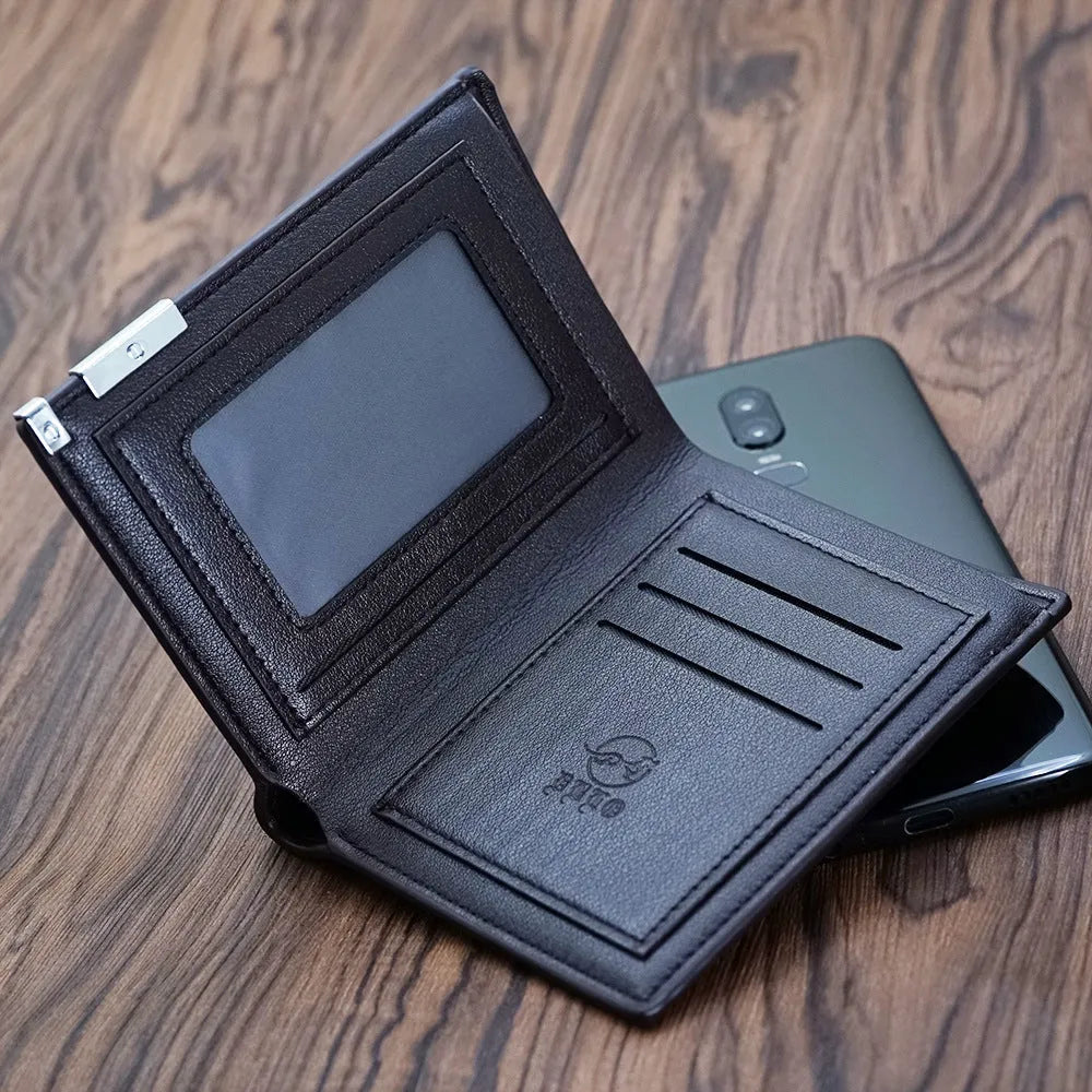 Men's leather wallet with a zipper closure, individually packaged for gift-giving.