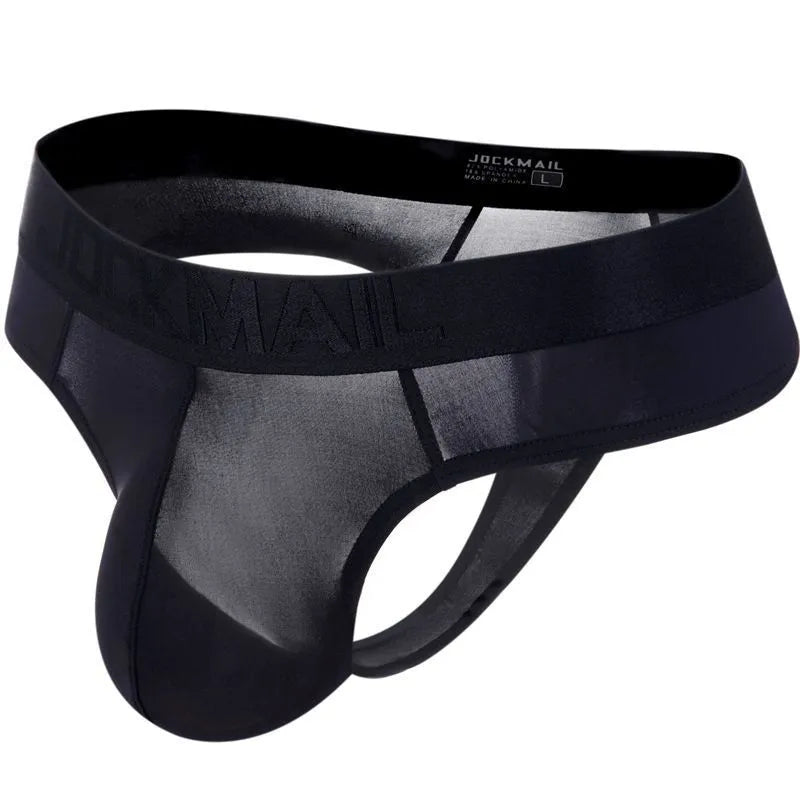 Belt Ice Silk ultra-thin translucent low-waist men's briefs in black with abstract pattern