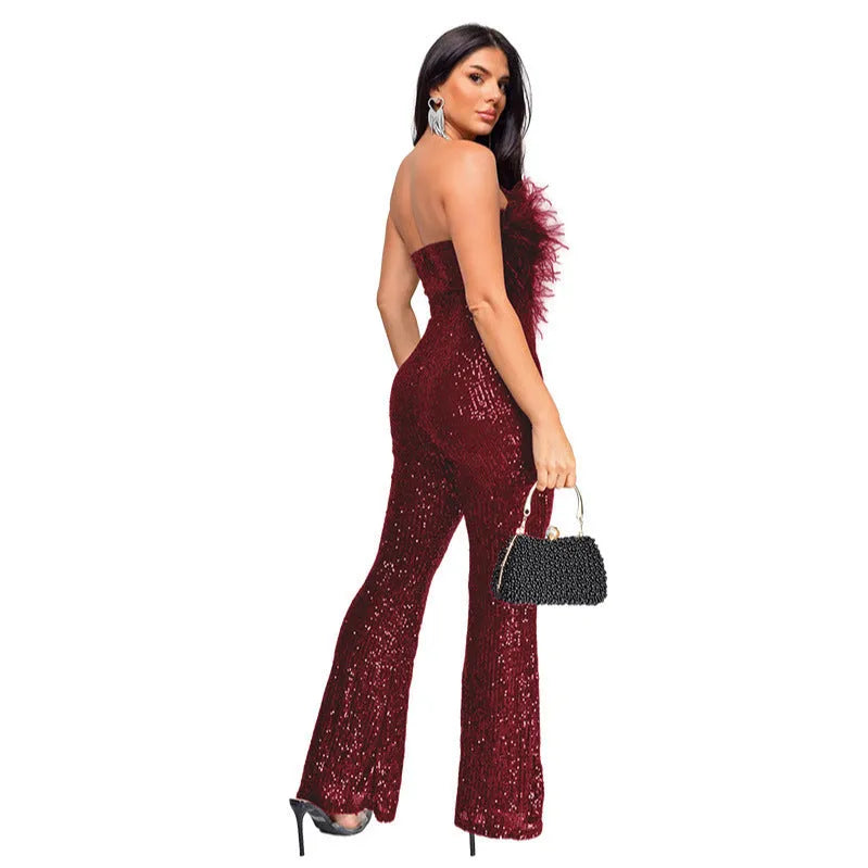Women's sleeveless backless jumpsuit with flared legs and sequin detailing in champagne colour