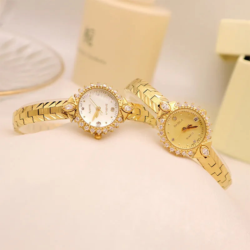 Gold quartz bracelet watch for women with 6mm thickness and embossed vintage detailing