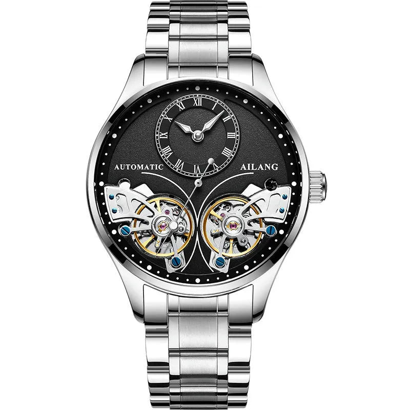 Automatic men's watch with tourbillon and moon phase on a round black dial in a titanium case.