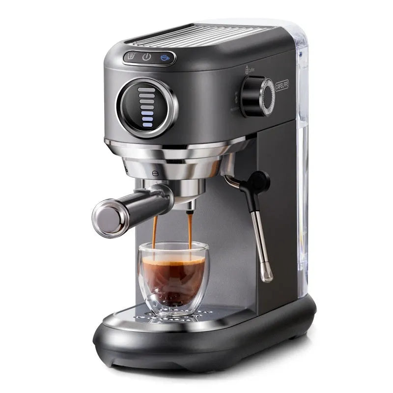 Dark gray household espresso coffee machine with stainless steel oiled plastic body and steam froth wand