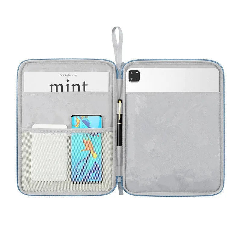 Imitation leather portable tablet protective case with handle in light grey colour
