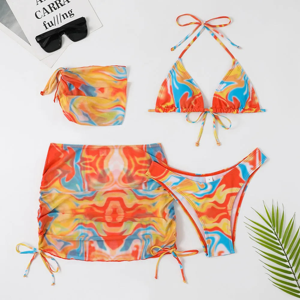 Tie-dyed four-piece bikini swimsuit set for women with flower pattern in orange white and green, sleeveless nylon fabric