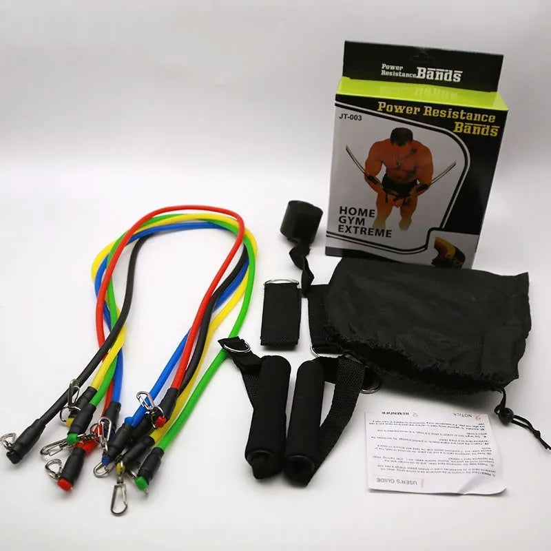 Door-mounted fitness pulling rope with ABS hook, part of an 11-piece sports set in packaging.