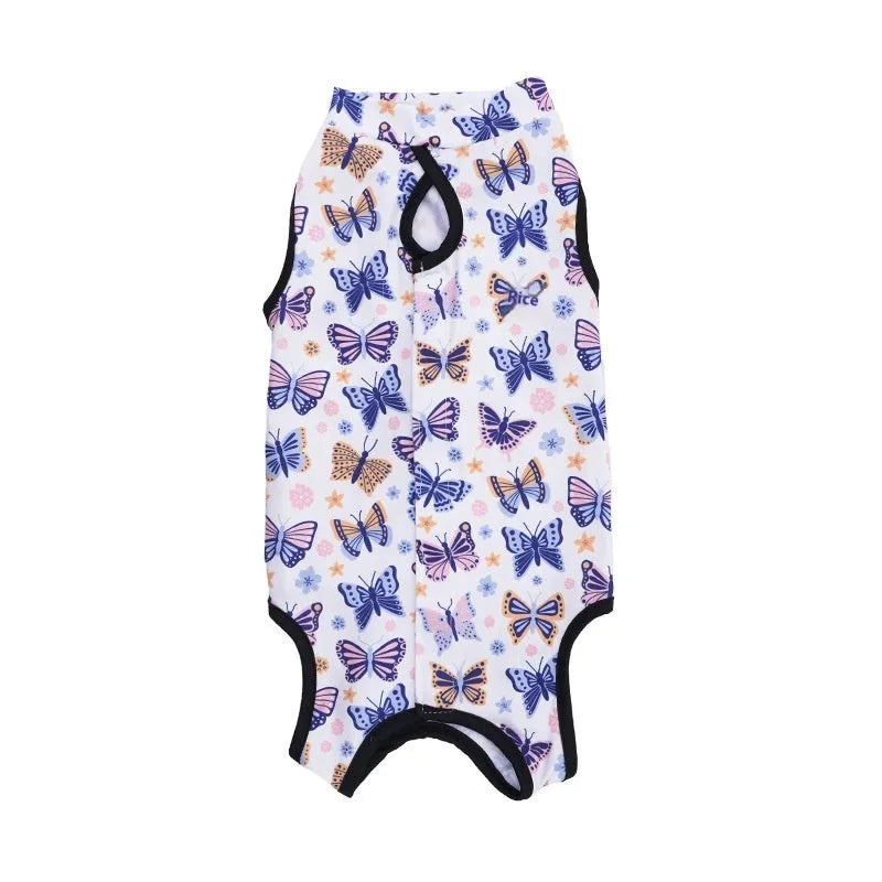 Adjustable Velcro cat recovery suit for post-surgery sterilisation protection in multiple colours.