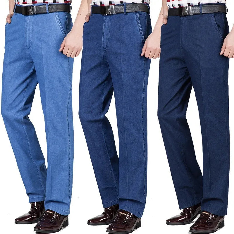 Men's high-waist loose-fit blue denim jeans with a zip fly, shown in light blue.