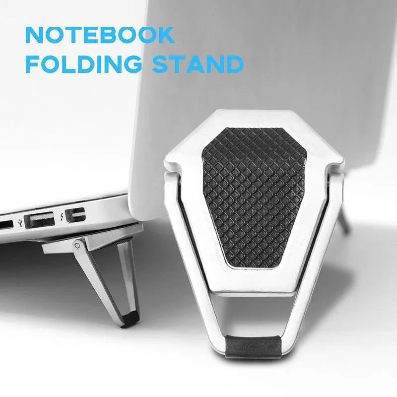 Foldable aluminium alloy laptop bracket in silver, showing compact 4.8cm size with wireless design