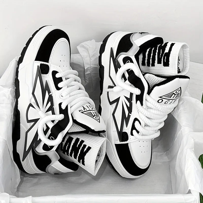Men's white thick-bottom Harajuku sneakers with cartoon pattern and chunky rubber sole