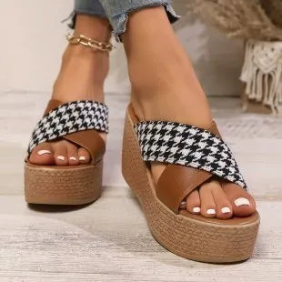 Cross leopard plaid wedge sandals in black and brown colour options with rubber soles