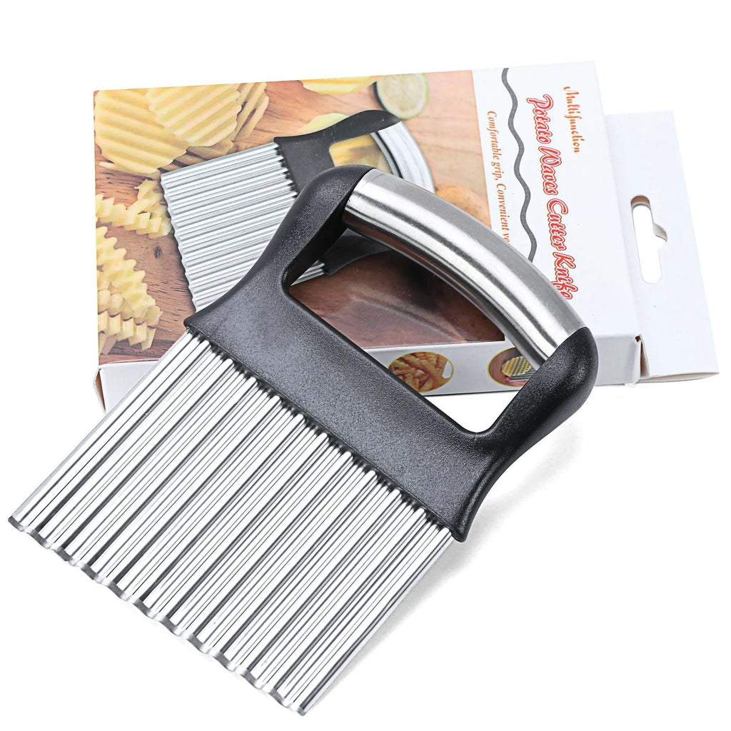 Stainless steel potato wave knife on a kitchen surface.