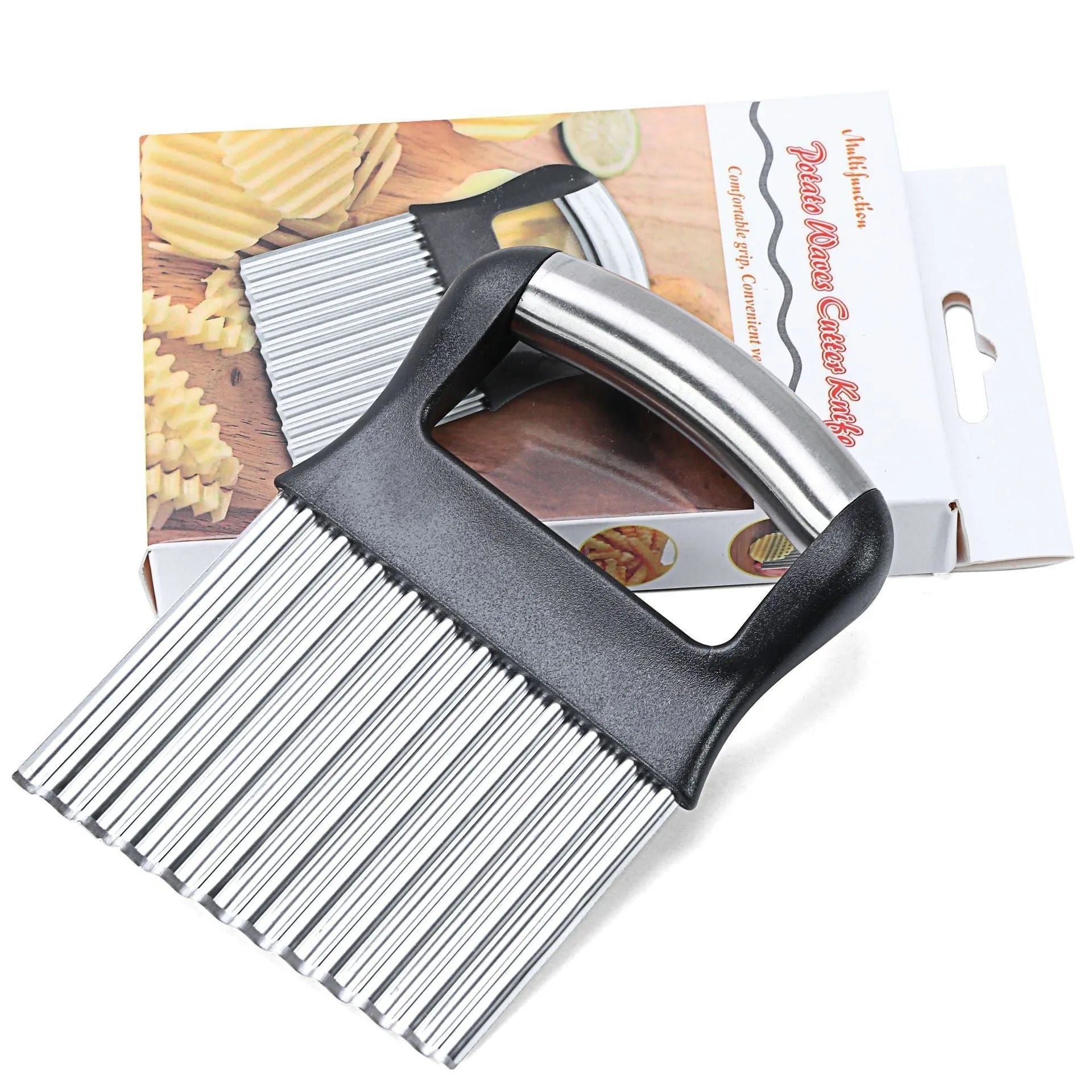Stainless steel potato wave knife on a kitchen surface.