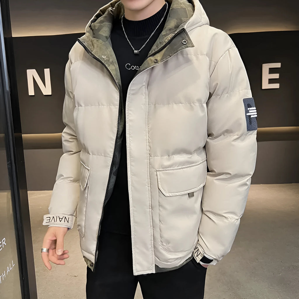 Men's hooded cardigan coat with polyester fibre filling, loose fit, available in black, khaki, and light blue