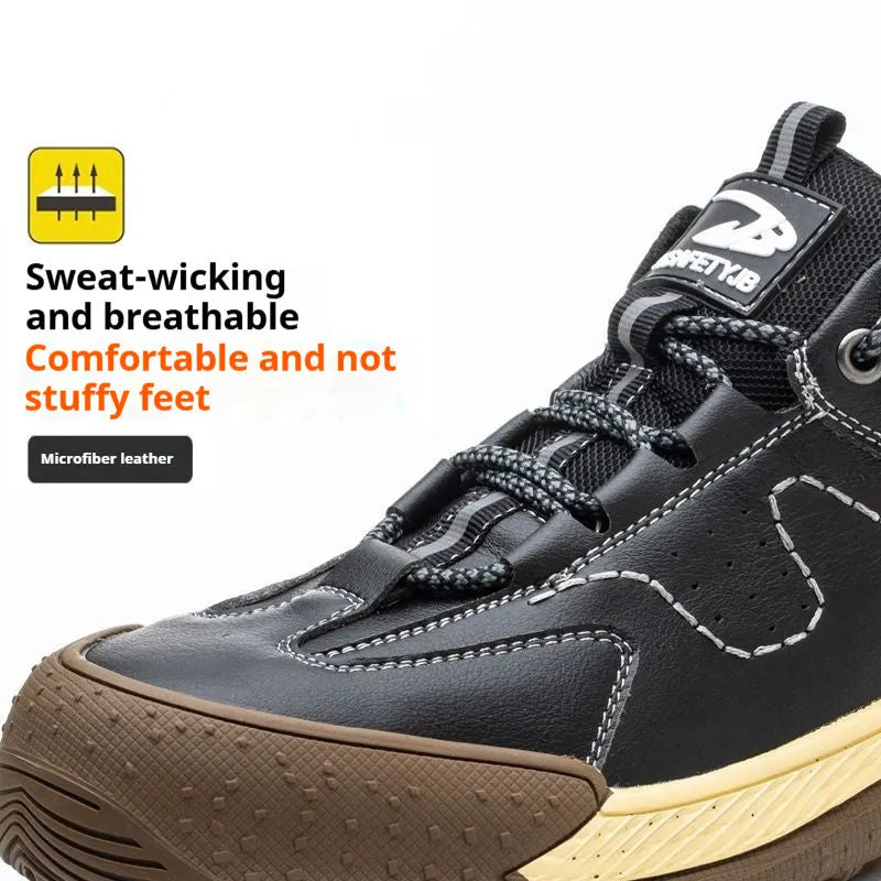 Men's black leather work safety shoes with a rubber sole and Flyknit-style upper on a work site background.