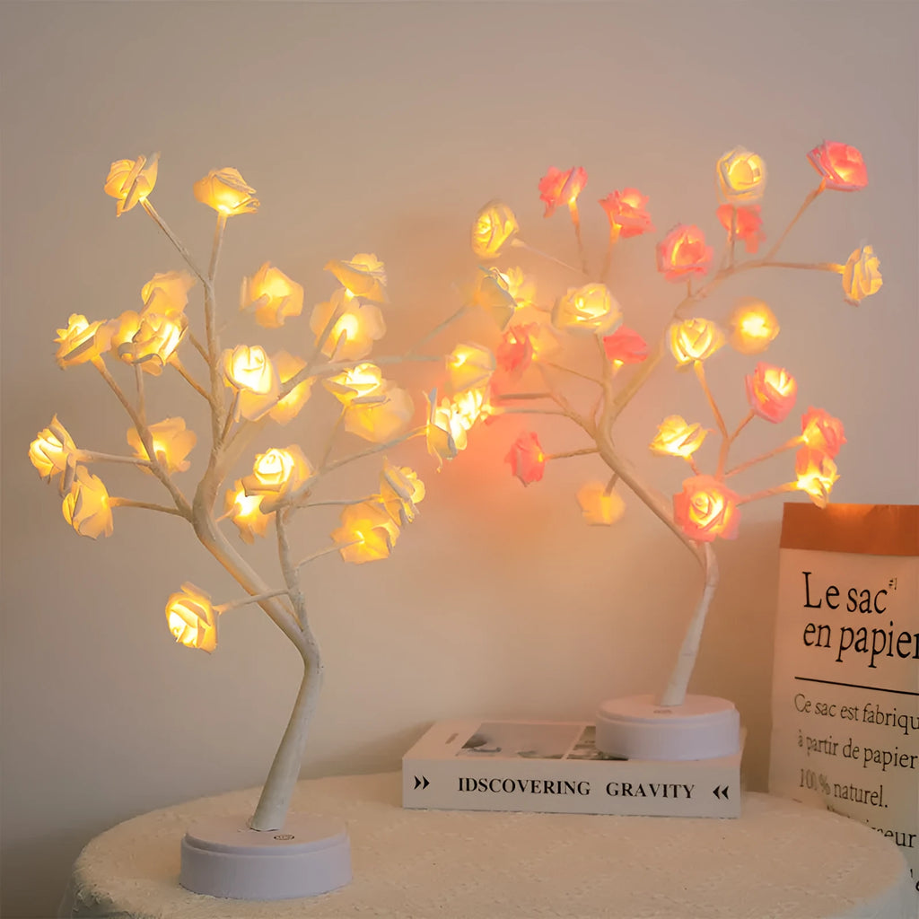 LED rose tree lamp with black tree and pink roses, compact plastic desk lamp with touch screen base