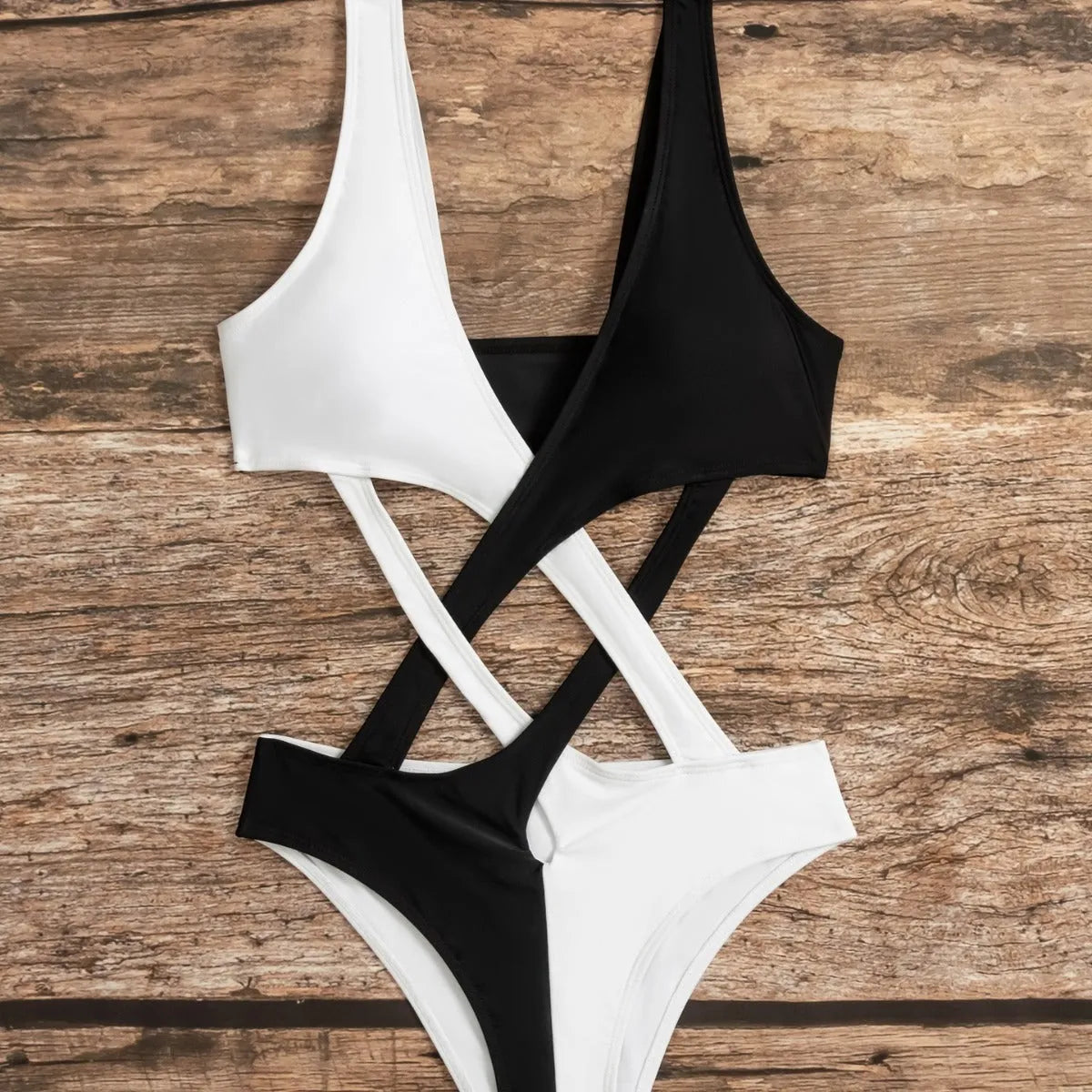White women's one-piece swimsuit with colour block hollow out design
