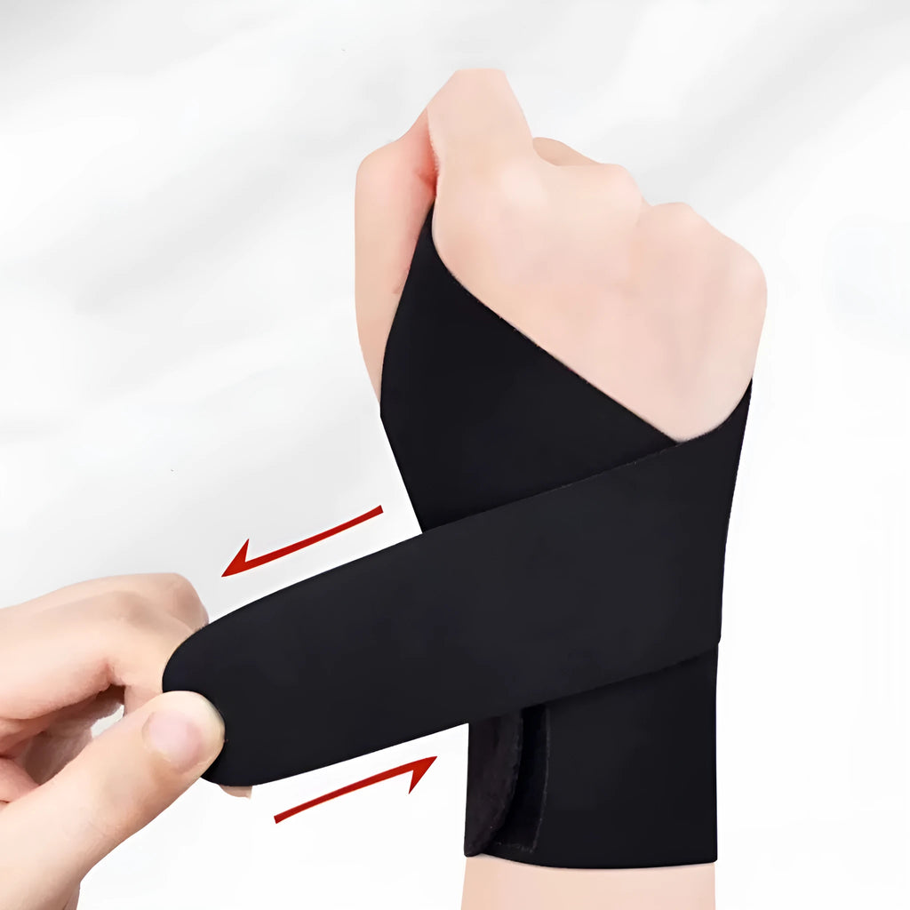 Adjustable black athletic wristguard for wrist support during sports like tennis and badminton.