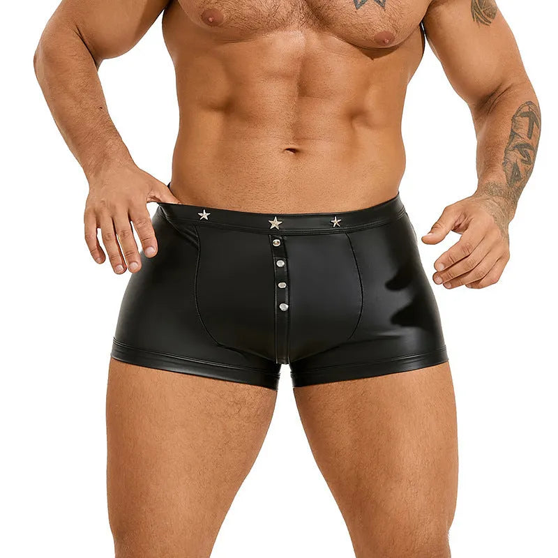 Black men's PU leather boxer shorts with U-pouch front design showing smooth texture