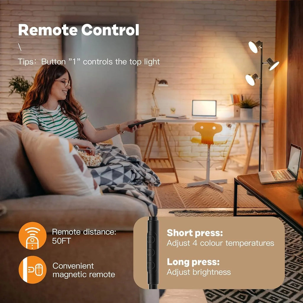 Tall adjustable LED floor lamp with rotatable head and remote control in black finish