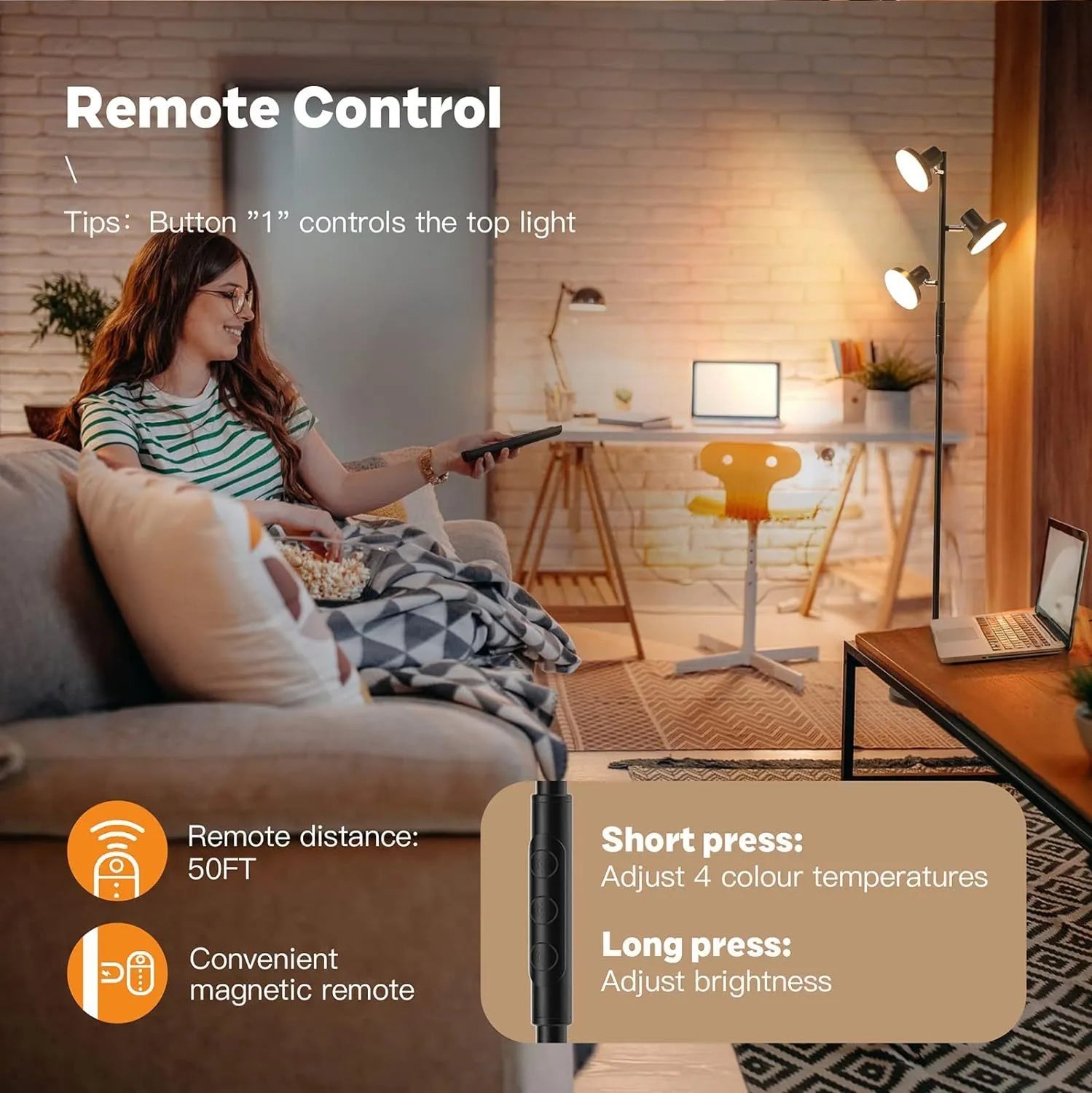 Tall adjustable LED floor lamp with rotatable head and remote control in black finish