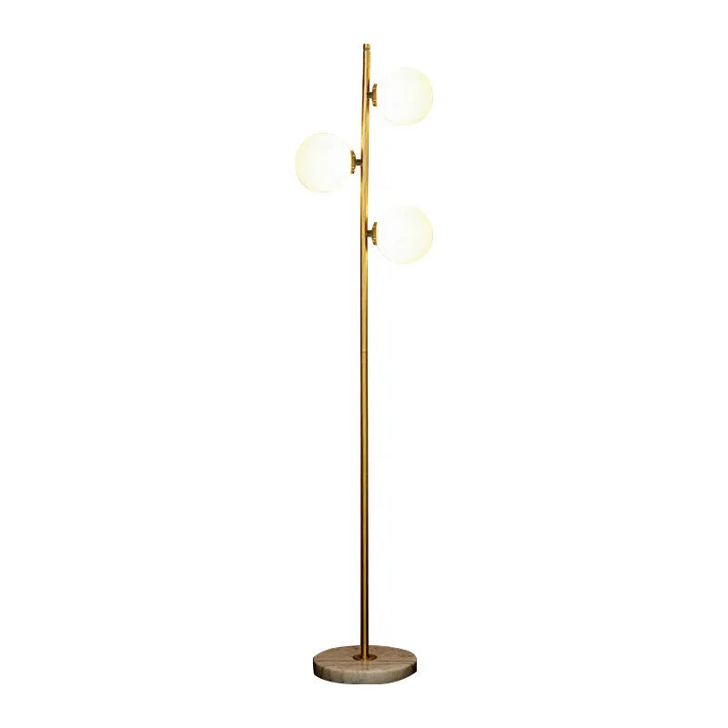 Creative minimalist floor lamp with gold aluminium alloy frame and glass detail, 155cm height, warm LED light