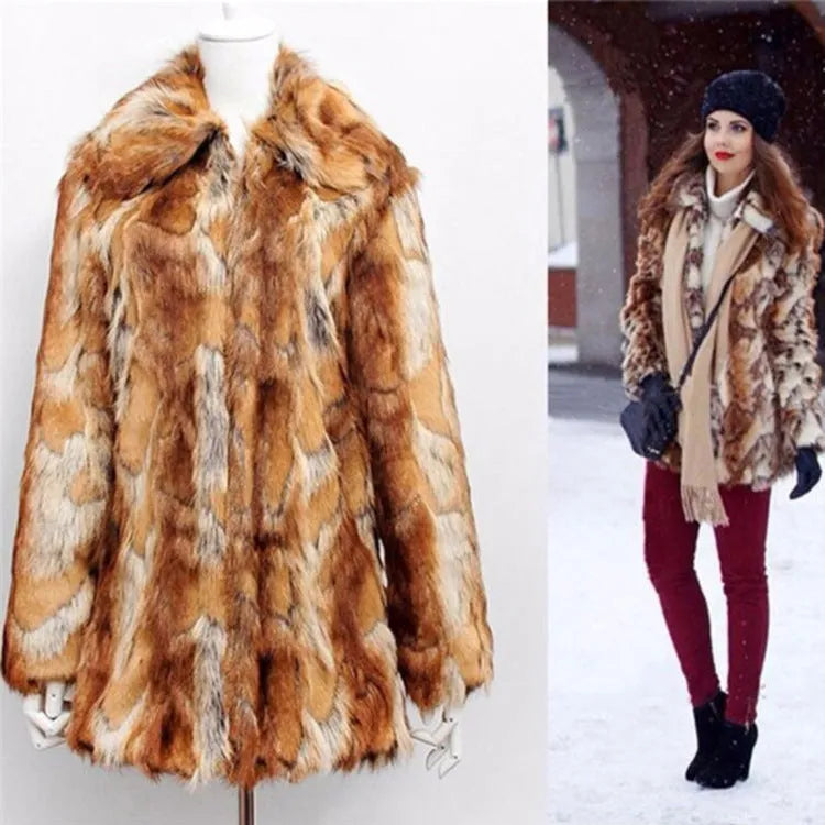 Women's slim leather-style jacket in black and orange tiger pattern faux fur with long sleeves.