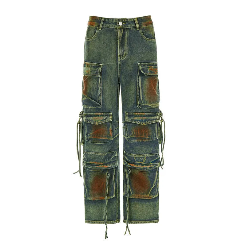 Loose fit denim cargo trousers with multiple gradient colour pockets in street hipster style