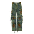Loose fit denim cargo trousers with multiple gradient colour pockets in street hipster style