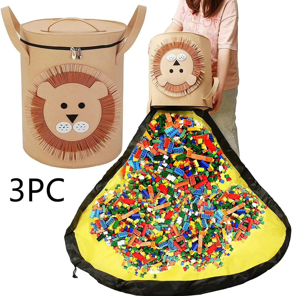 Green felt cube storage bag with pull rope, shown open as a play mat and closed as a toy container.