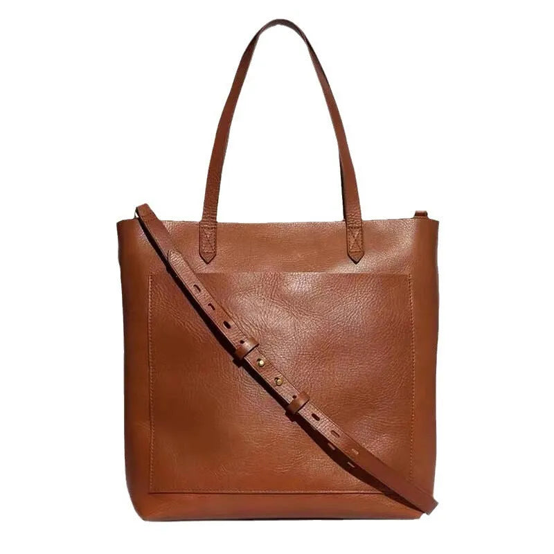 Medium genuine leather tote bag square vertical shape double shoulder straps retro sewing line black or brown