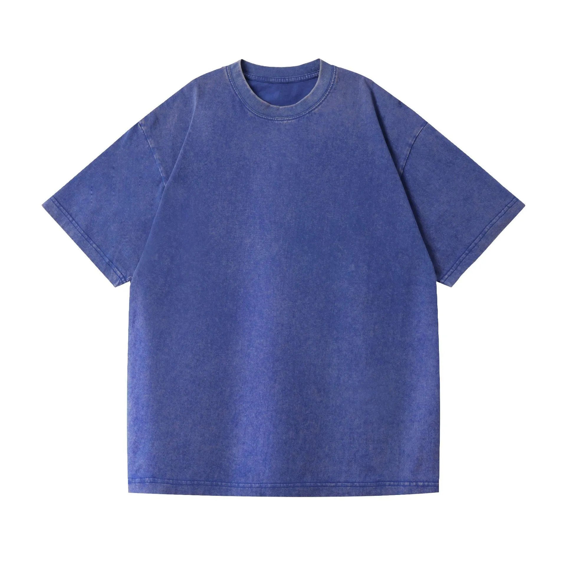 230g American style loose distressed retro washed men's solid colour short sleeve pure cotton t-shirt in blue