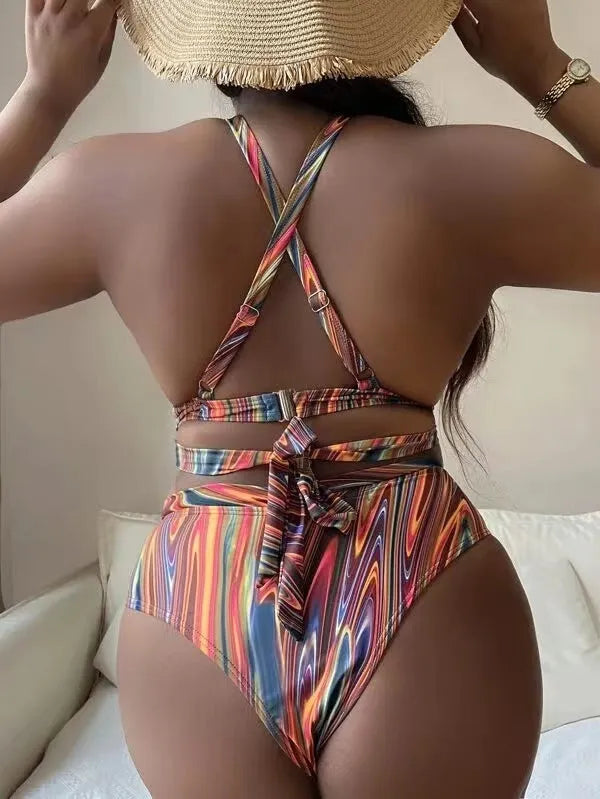 Women's plus size high-waist floral bikini swimsuit in picture colour