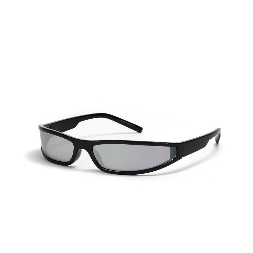 Creative narrow frame sunglasses for women in future style with mercury lens colour options.
