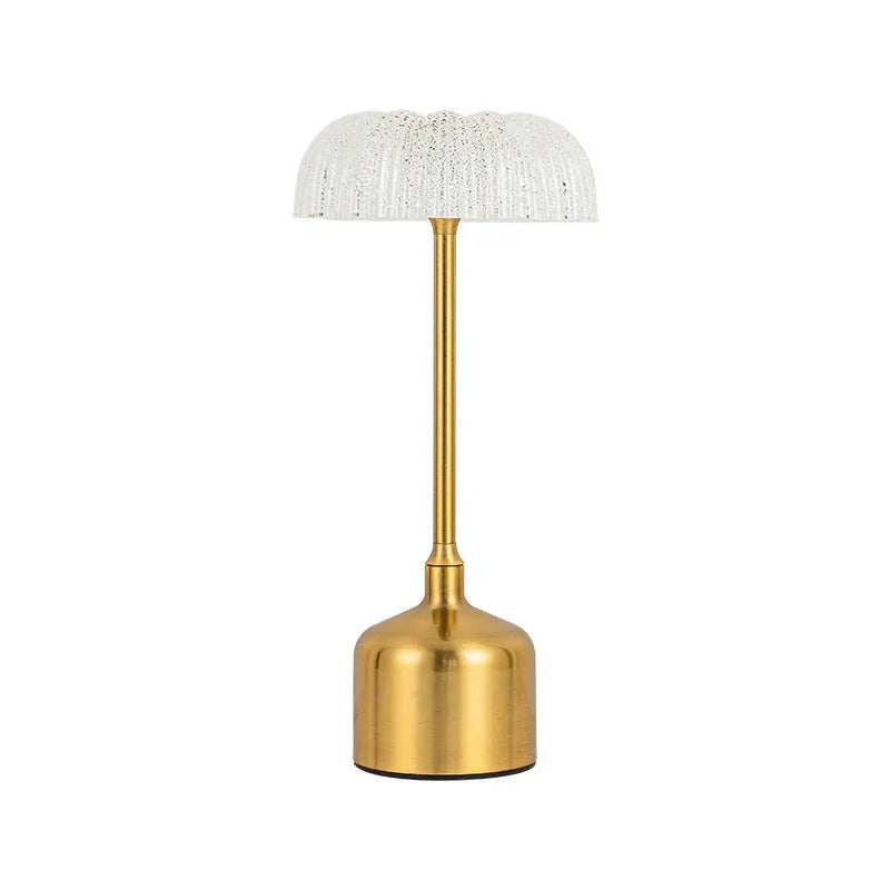 Retro bronze metal table lamp with wrought iron and acrylic shade, 14.5 x 14.5 x 31.5 cm, on desk