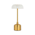 Retro bronze metal table lamp with wrought iron and acrylic shade, 14.5 x 14.5 x 31.5 cm, on desk