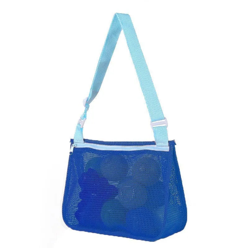 Blue nylon mesh travel storage organiser bag for children's toys and clothing, sealed, measuring 20x25x8cm.