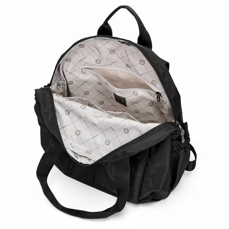 Large outdoor nylon backpack in black, shown with dimensions and sandwich pocket detail.