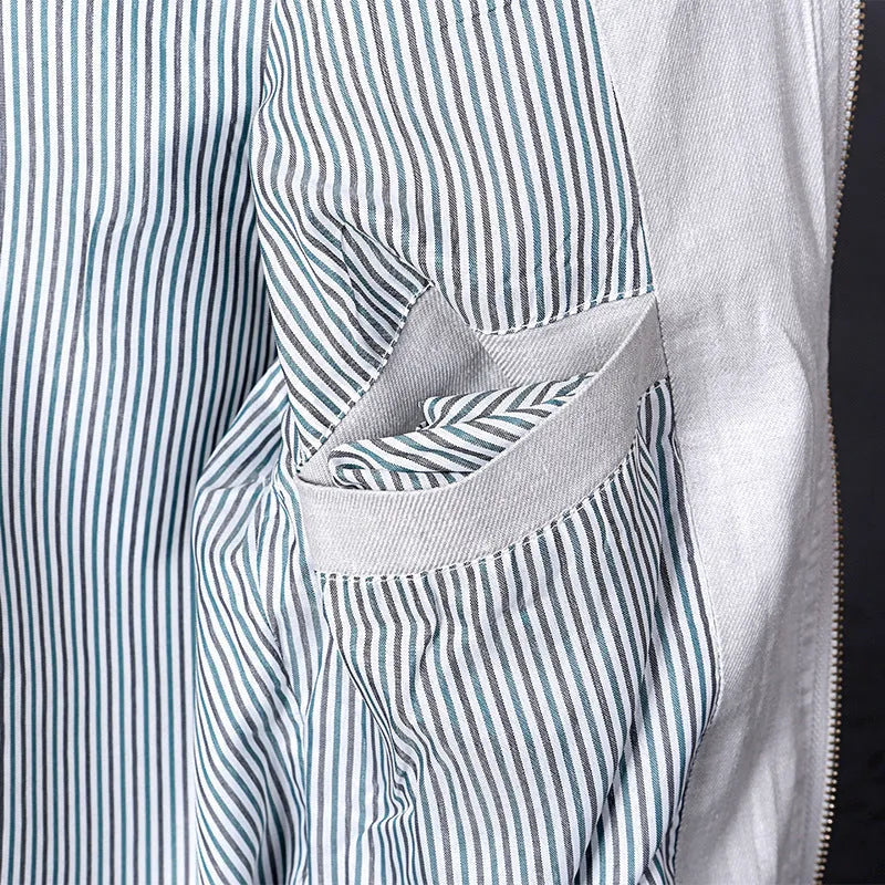 Men's thin heather grey linen jacket on a hanger, showing regular fit and colour block detail.