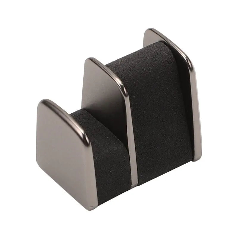 Zinc alloy and leather glasses clip for car dashboard in black, grey, green, or red.